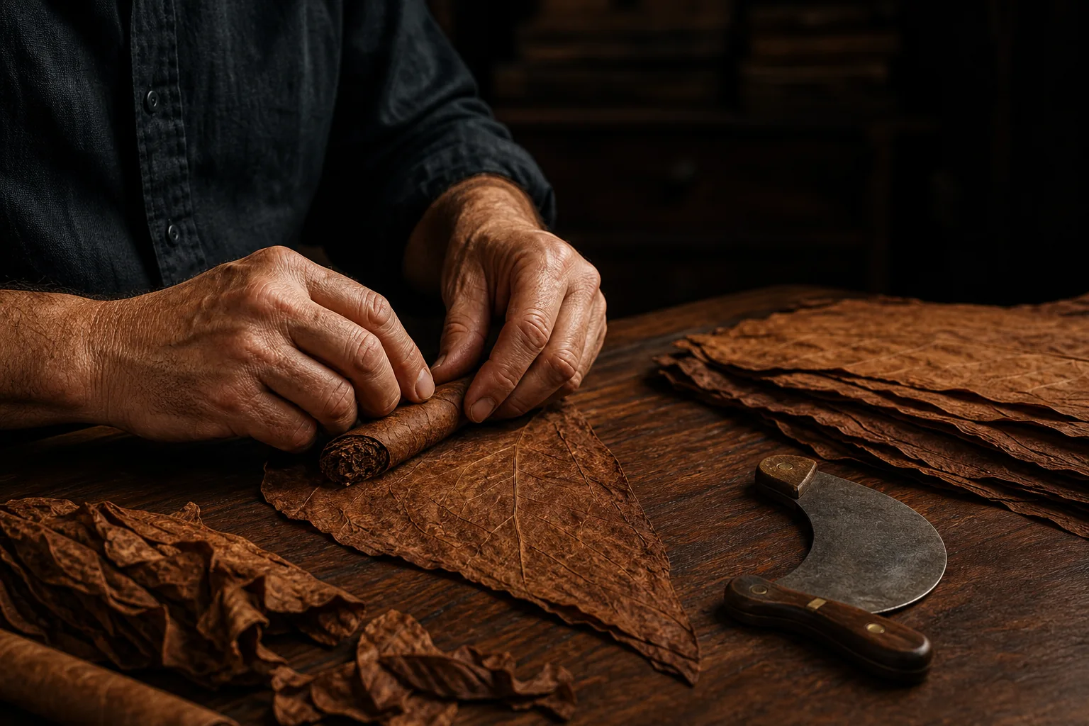 An adult master roller shaping a cigar by hand on a wooden table
